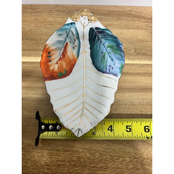 Vintage Hand Painted Leaf Style Trinket Dish Made in Japan Gold Turquoise - Picture 5 of 6
